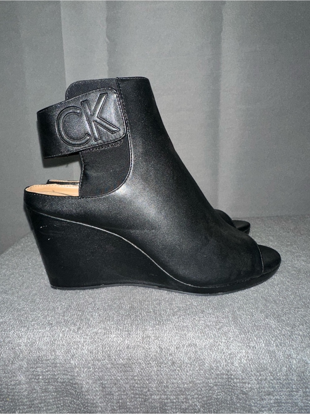 Calvin Klein Black Peep-Toe Wedge with CK Strap